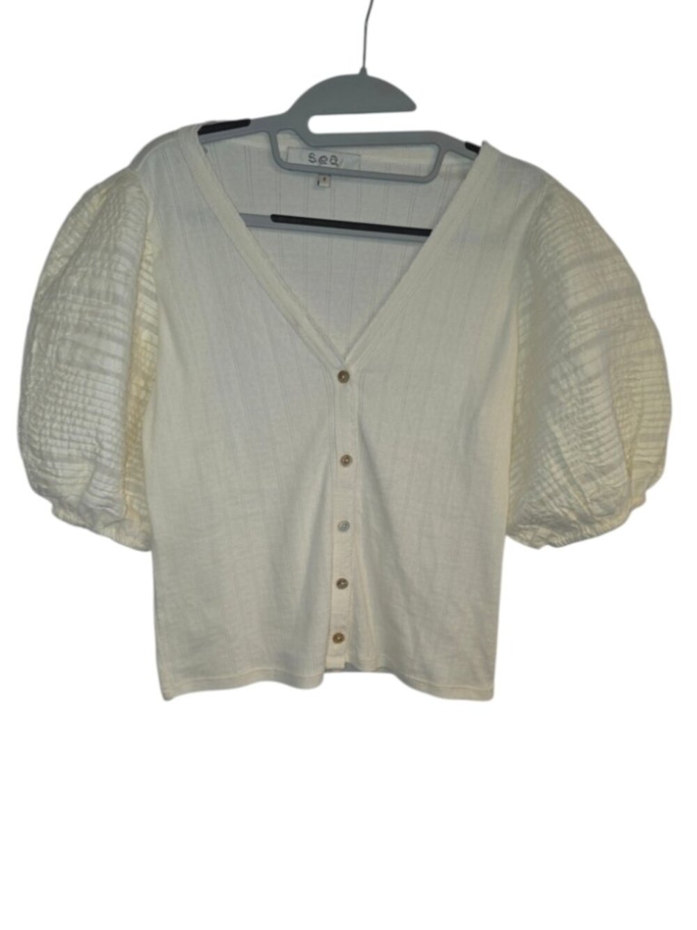 Sea New York Myra Sweater Cotton Combo Puff Sleeves Top Glam Quiet Luxury Bold